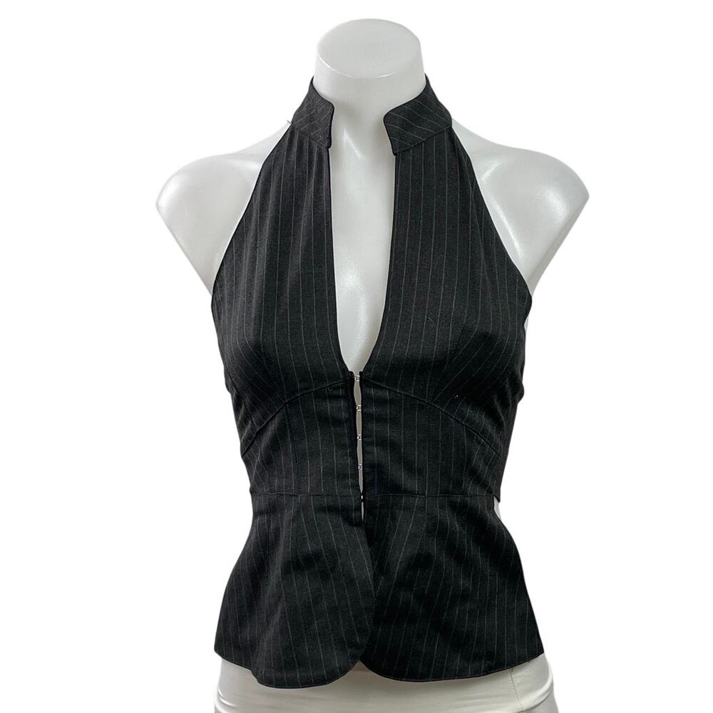 NEW Gimaguas Women Dark Gray Halter Striped Open Back Vest Crop Ring Top Size XS